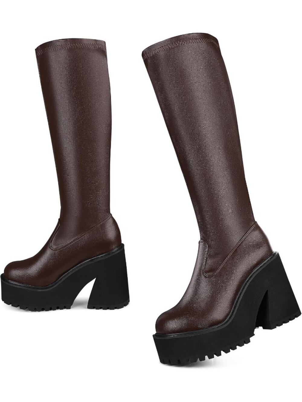 Women's Brown Faux Leather Knee High Chunky Heel Sock Round Toe Zipper Boots